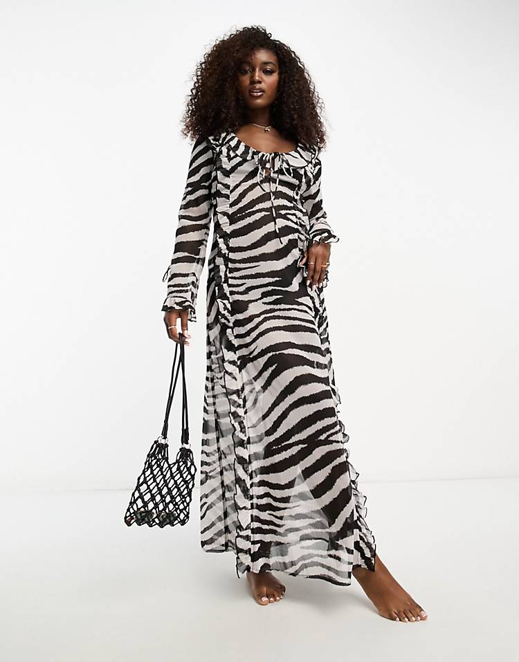 Miss Selfridge chiffon zebra long sleeve side slit maxi beach dress